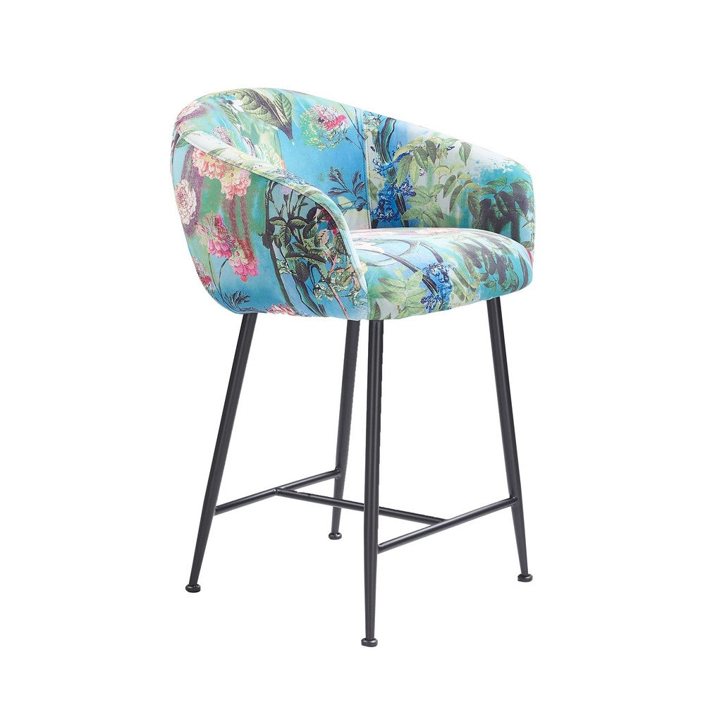 26 Inch Counter Stool Chair, Botanical Floral Print Blue Velvet, Black Legs - BM317514