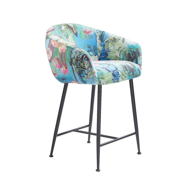 26 Inch Counter Stool Chair, Botanical Floral Print Blue Velvet, Black Legs - BM317514