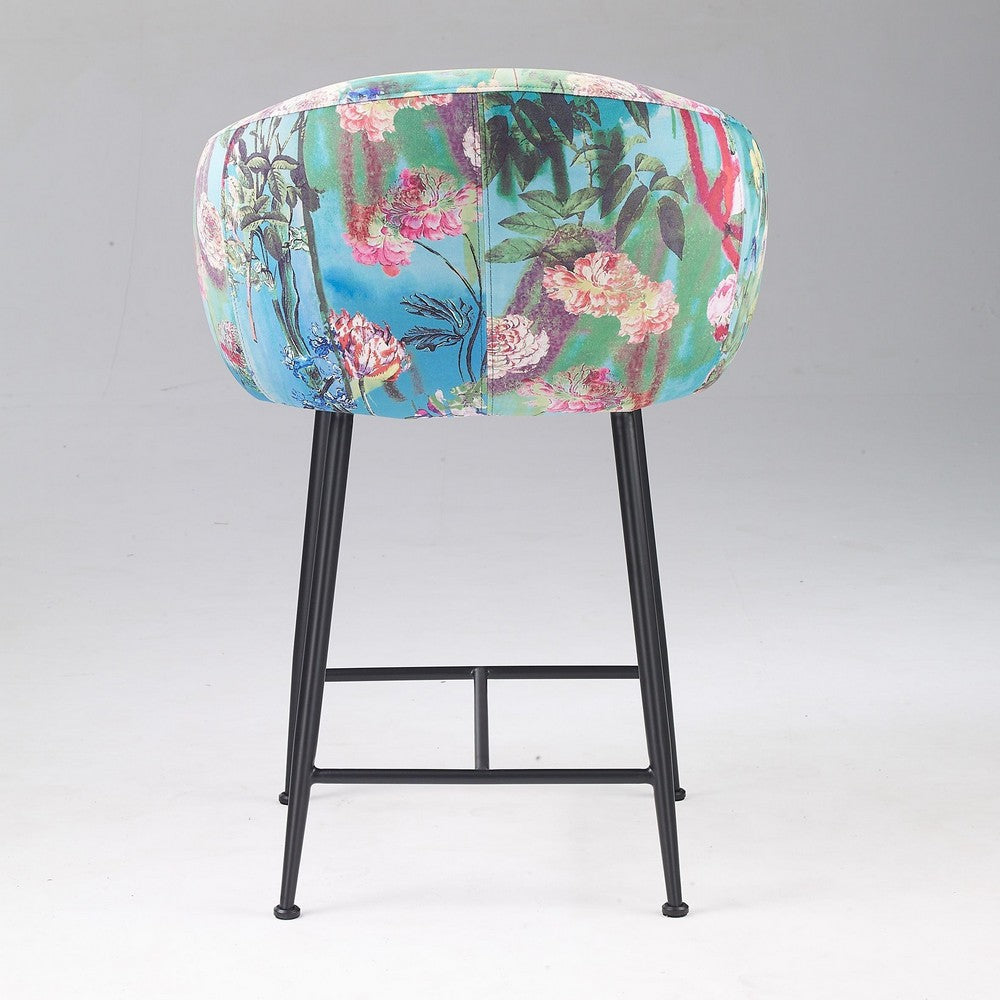 26 Inch Counter Stool Chair, Botanical Floral Print Blue Velvet, Black Legs - BM317514