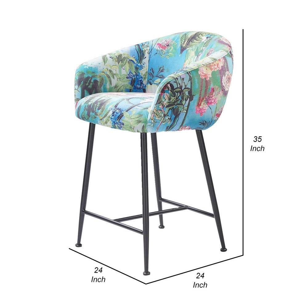 26 Inch Counter Stool Chair, Botanical Floral Print Blue Velvet, Black Legs - BM317514