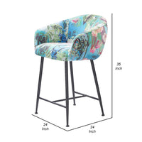 26 Inch Counter Stool Chair, Botanical Floral Print Blue Velvet, Black Legs - BM317514