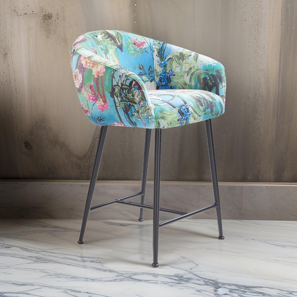 26 Inch Counter Stool Chair, Botanical Floral Print Blue Velvet, Black Legs - BM317514