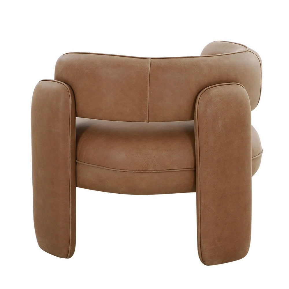 34 Inch Accent Chair, Barrel Low Profile Design, Brown Genuine Leather - BM317540