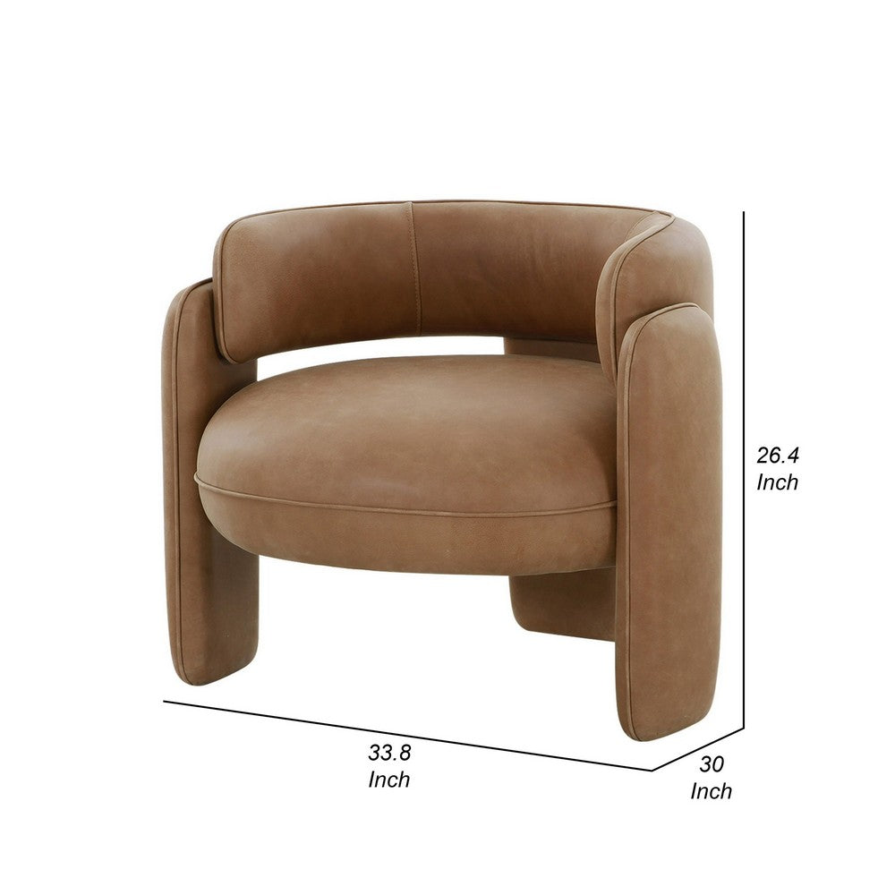 34 Inch Accent Chair, Barrel Low Profile Design, Brown Genuine Leather - BM317540