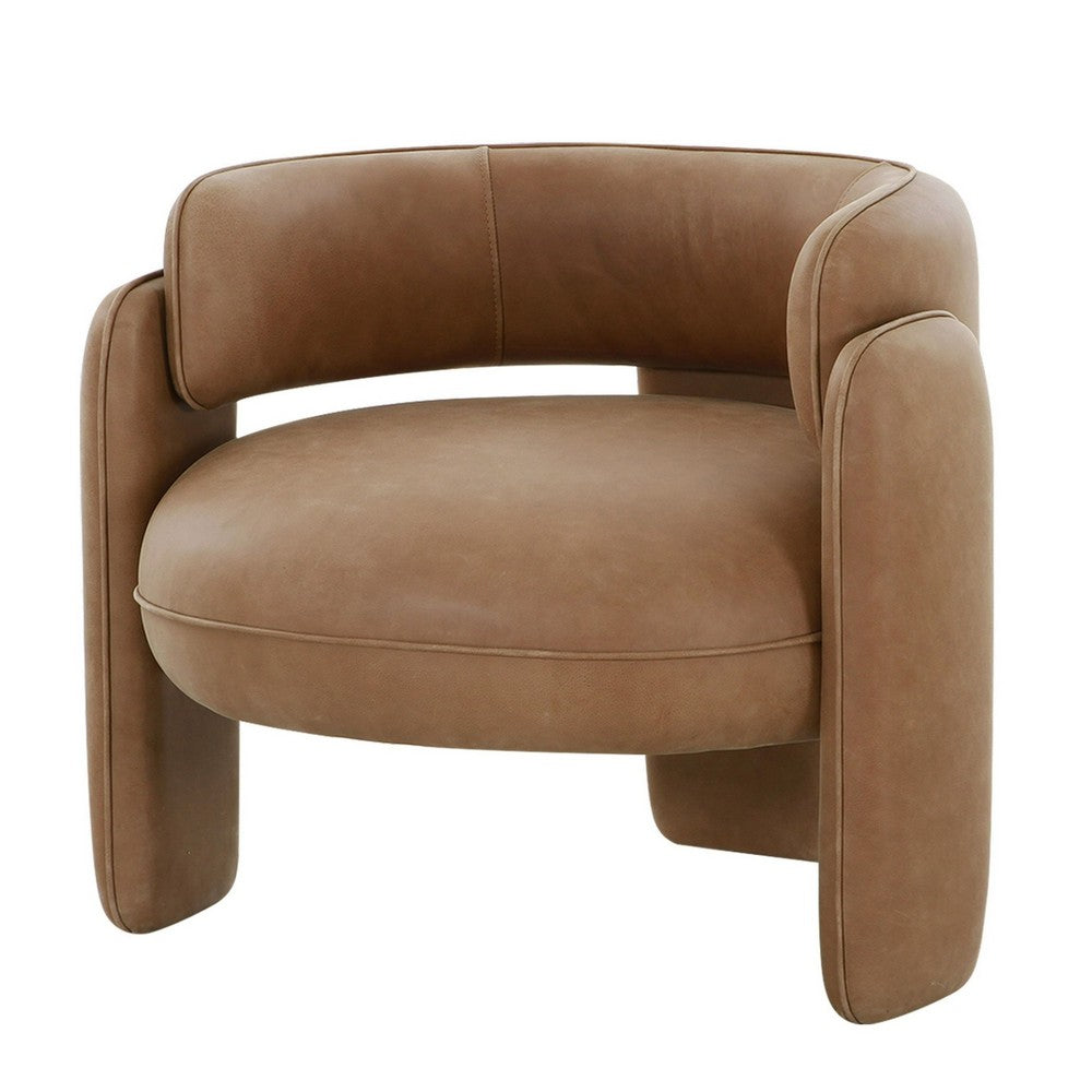 34 Inch Accent Chair, Barrel Low Profile Design, Brown Genuine Leather - BM317540