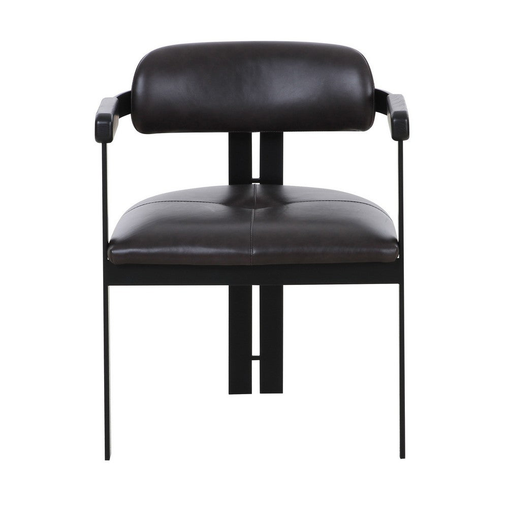 Anta Dining Chair, Black Iron Slats Back, Dark Brown Genuine Leather - BM317546