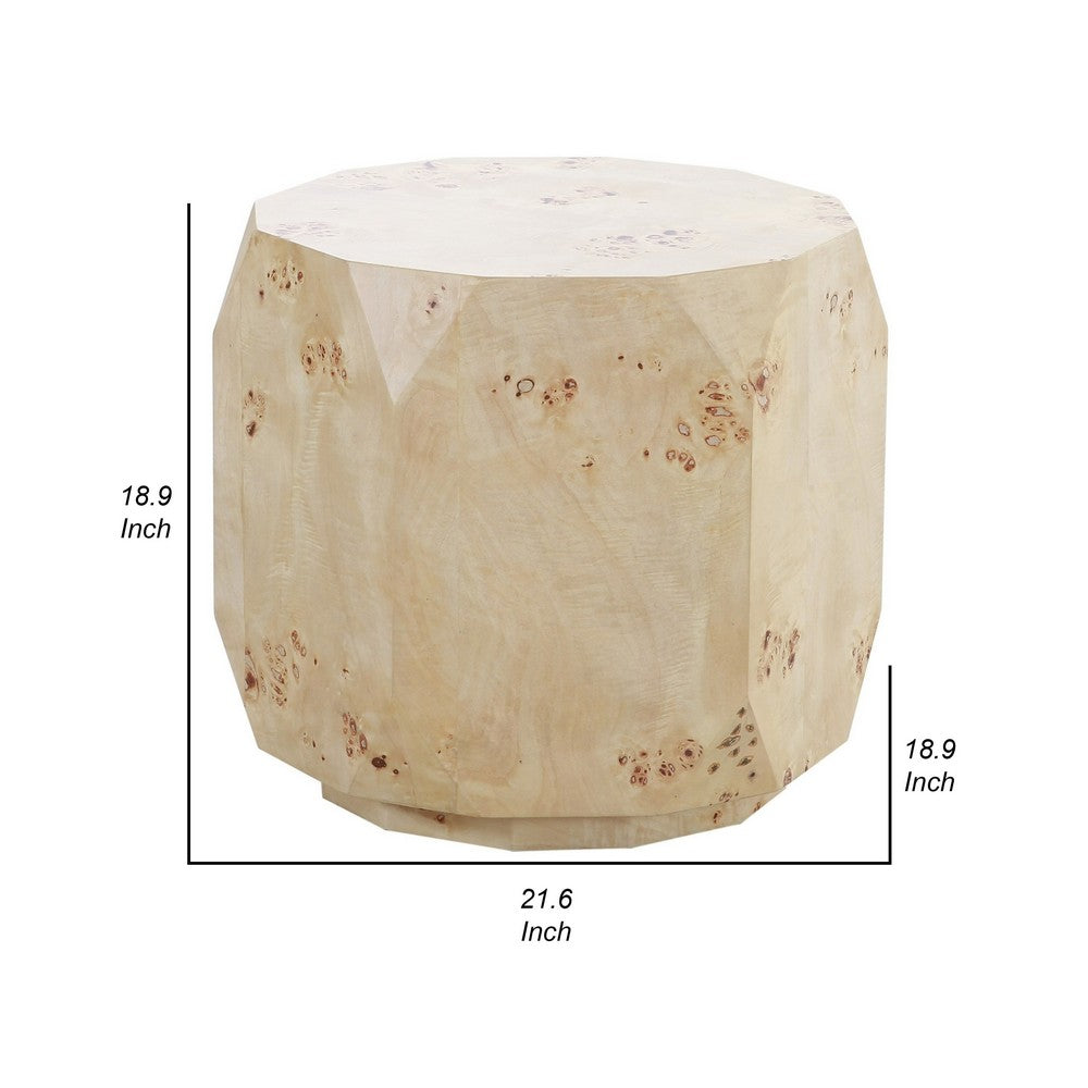 Cid Hy 22 Inch Side End Table, Burl Wood Veneer Drum, Natural Brown - BM317547