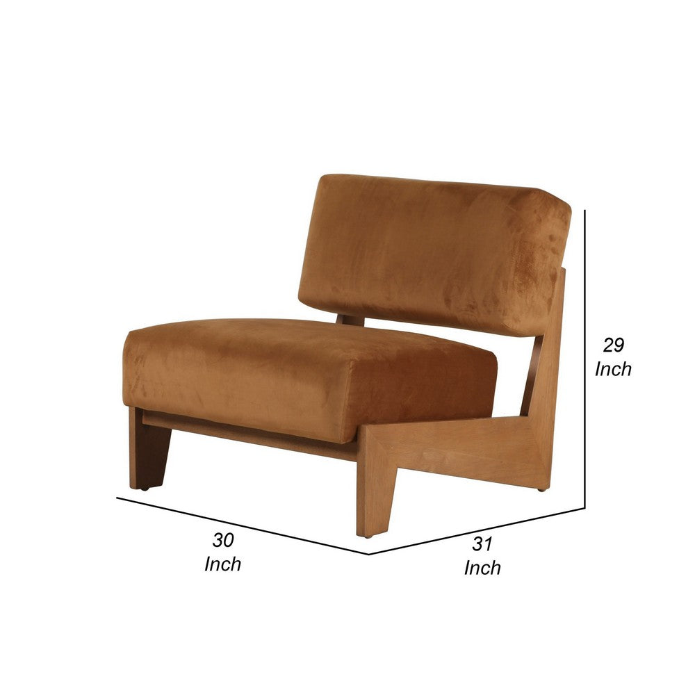 Cid Joy 30 Inch Accent Chair, Low Profile, Camel Brown Velvet, Wood Frame - BM317557