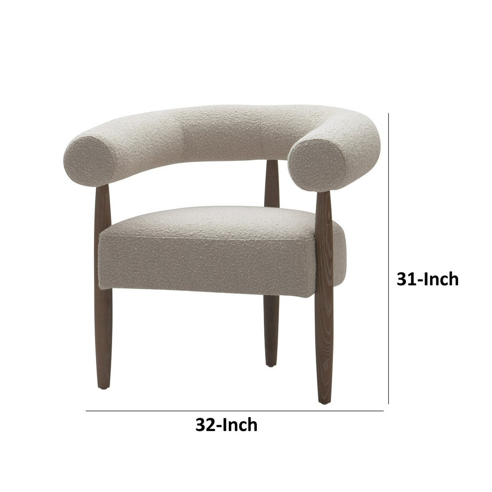 Cid Archie 32 Inch Accent Chair, Beige Fabric, Rounded Back, Solid Wood - BM317569