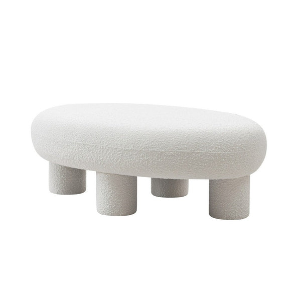 Cid 46 Inch Accent Bench Ottoman, White Polyester Oval Seat, Pine Wood Legs - BM317571