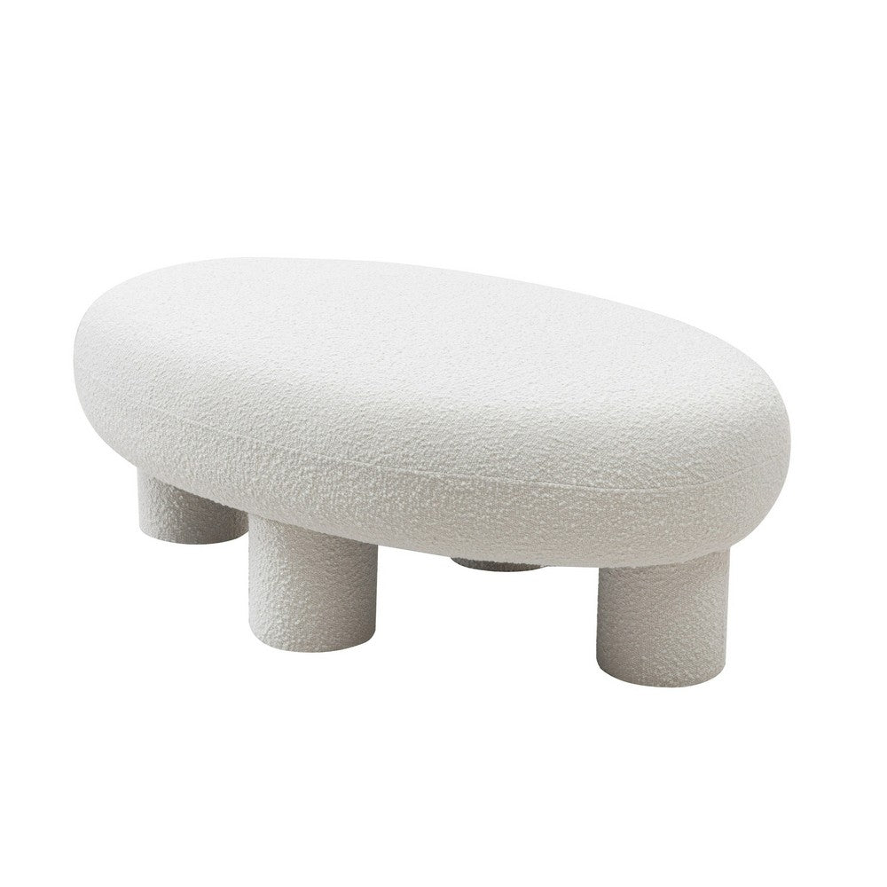 Cid 46 Inch Accent Bench Ottoman, White Polyester Oval Seat, Pine Wood Legs - BM317571