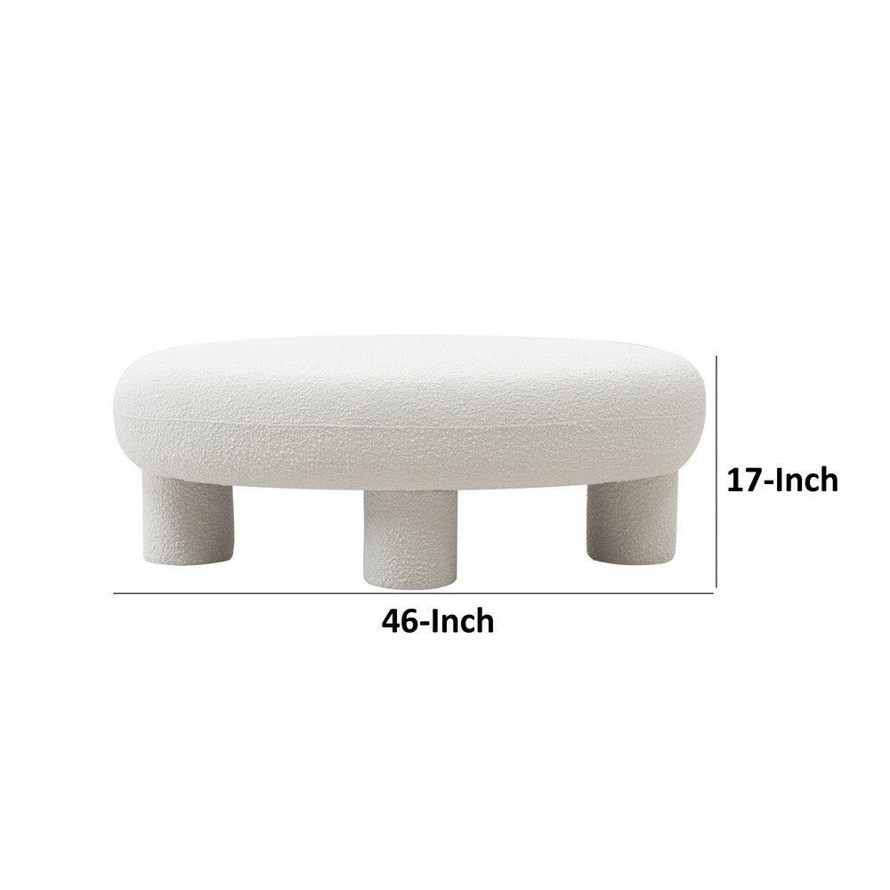 Cid 46 Inch Accent Bench Ottoman, White Polyester Oval Seat, Pine Wood Legs - BM317571