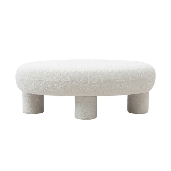 Cid 46 Inch Accent Bench Ottoman, White Polyester Oval Seat, Pine Wood Legs - BM317571