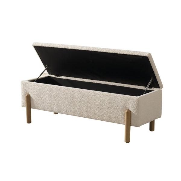 Cid Ellie 55 Inch Accent Bench, Storage, Ivory Polyester, Solid Rubberwood - BM317580