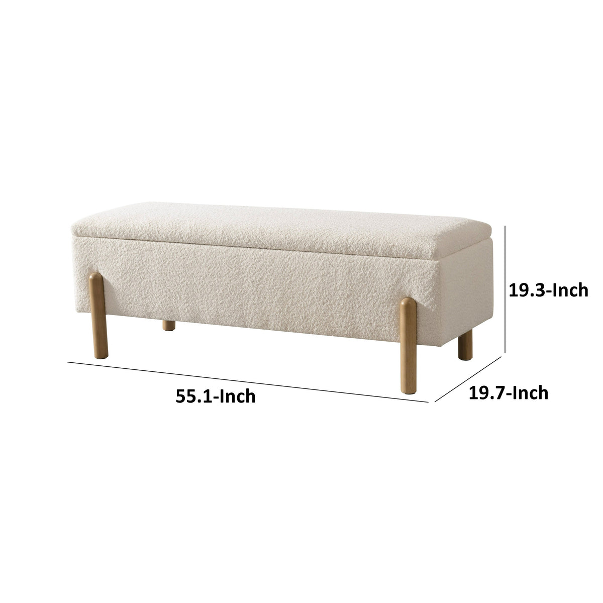 Cid Ellie 55 Inch Accent Bench, Storage, Ivory Polyester, Solid Rubberwood - BM317580