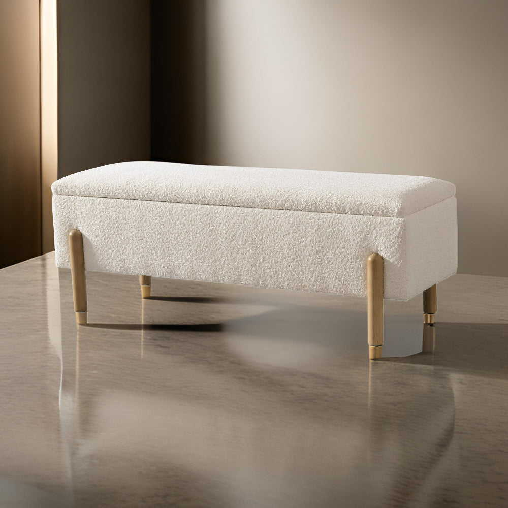 Cid Ellie 55 Inch Accent Bench, Storage, Ivory Polyester, Solid Rubberwood - BM317580