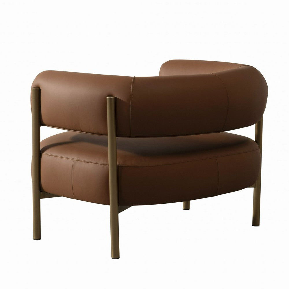 Cid Ziva Curved Accent Chair, Brown Top Grain Genuine Leather, Metal, Wood - BM317588