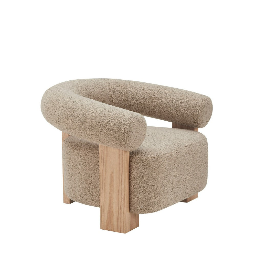 Cid Lami 37 Inch Accent Chair, Tan Brown Faux Sheepskin, Solid Oak Wood - BM317593