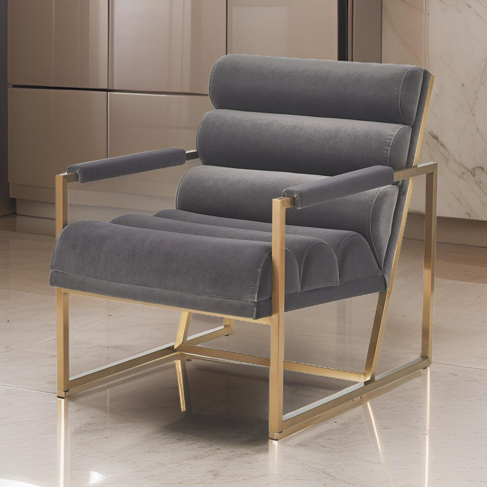 Cid Dave 27 Inch Accent Chair, Tufted Gray Velvet, Square Steel Legs, Brass - BM317594