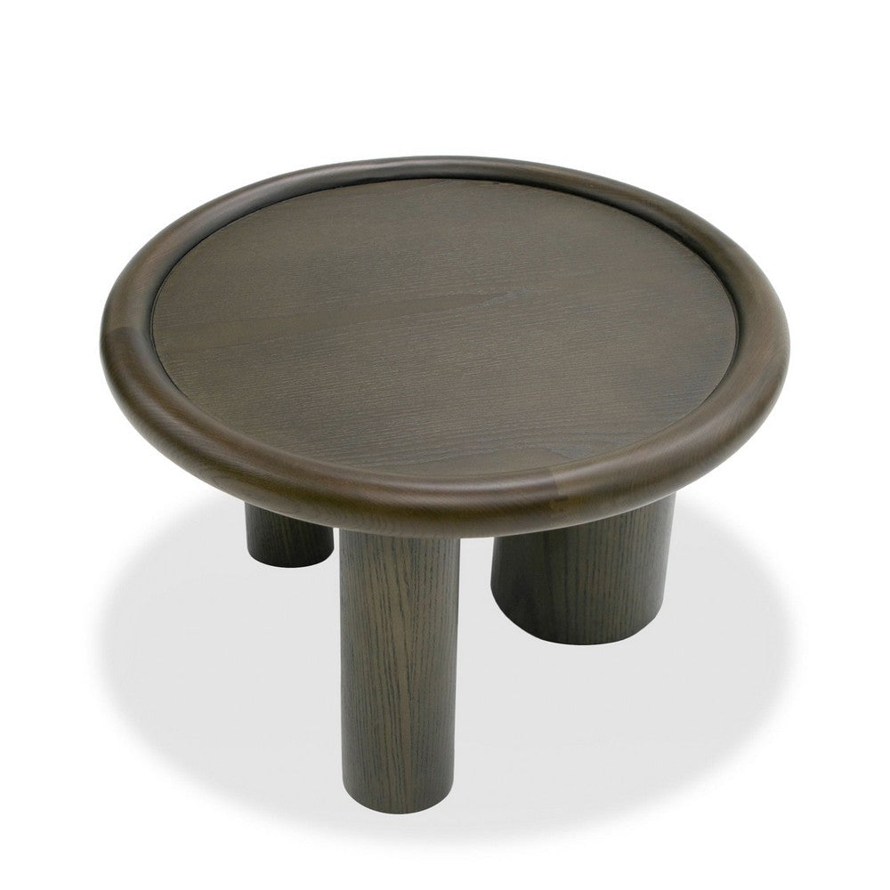 Cid Sina 24 Inch Side End Table, Round Traylike Top, 3 Leg Brown Ash Veneer - BM317610