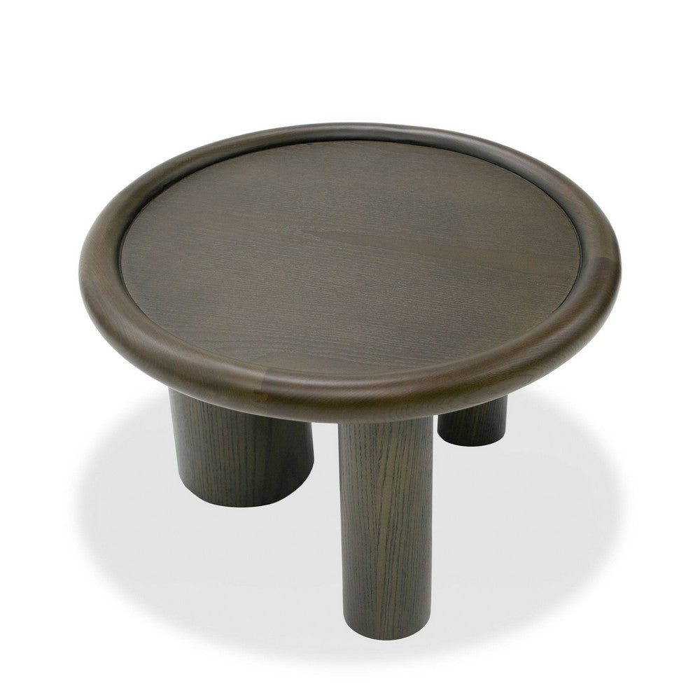 Cid Sina 24 Inch Side End Table, Round Traylike Top, 3 Leg Brown Ash Veneer - BM317610