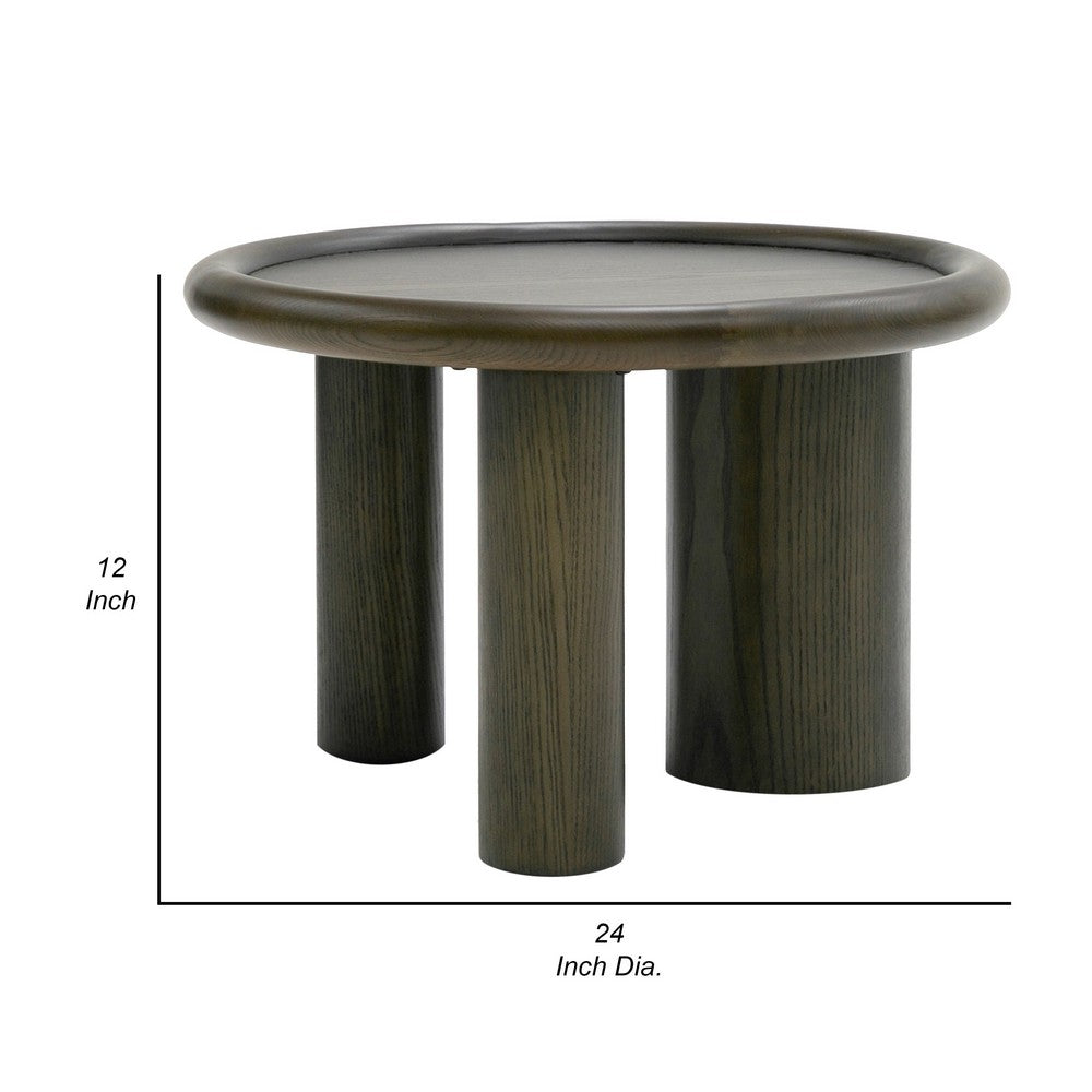 Cid Sina 24 Inch Side End Table, Round Traylike Top, 3 Leg Brown Ash Veneer - BM317610