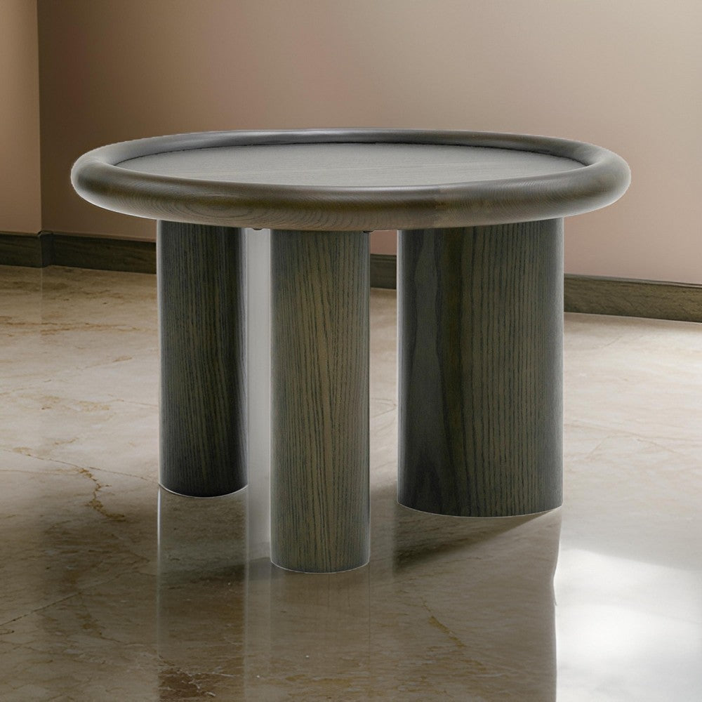 Cid Sina 24 Inch Side End Table, Round Traylike Top, 3 Leg Brown Ash Veneer - BM317610