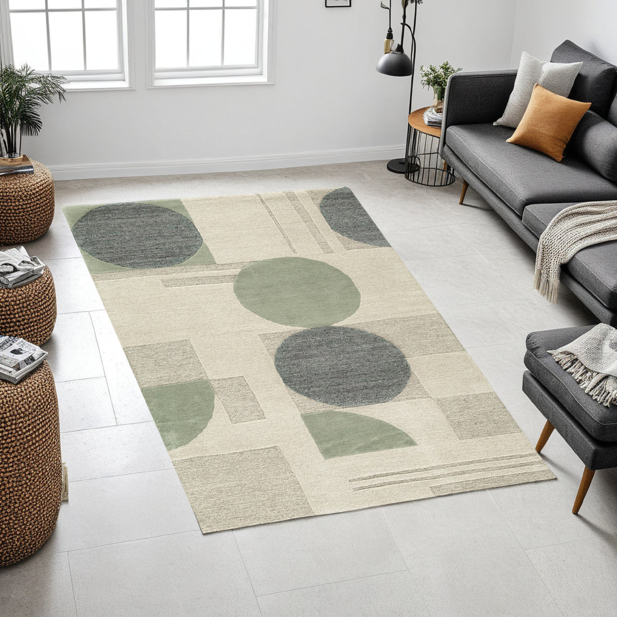 Laen 5 x 7 Medium Area Rug, Hand Tufted Geometric Shapes, Gray Wool  - BM318241
