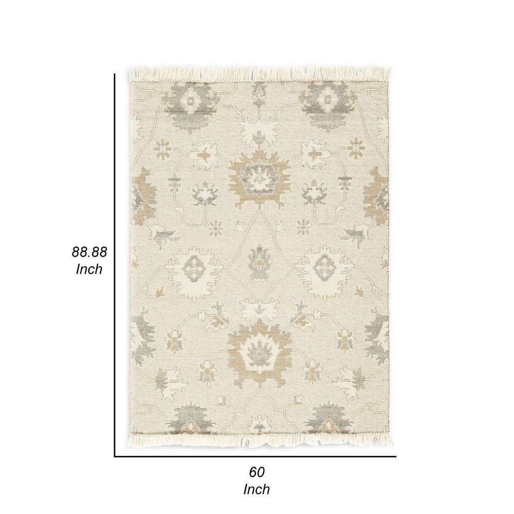 Kia 5 x 7 Medium Area Rug, Handwoven Floral Patterns, Beige Brown Wool  - BM318247
