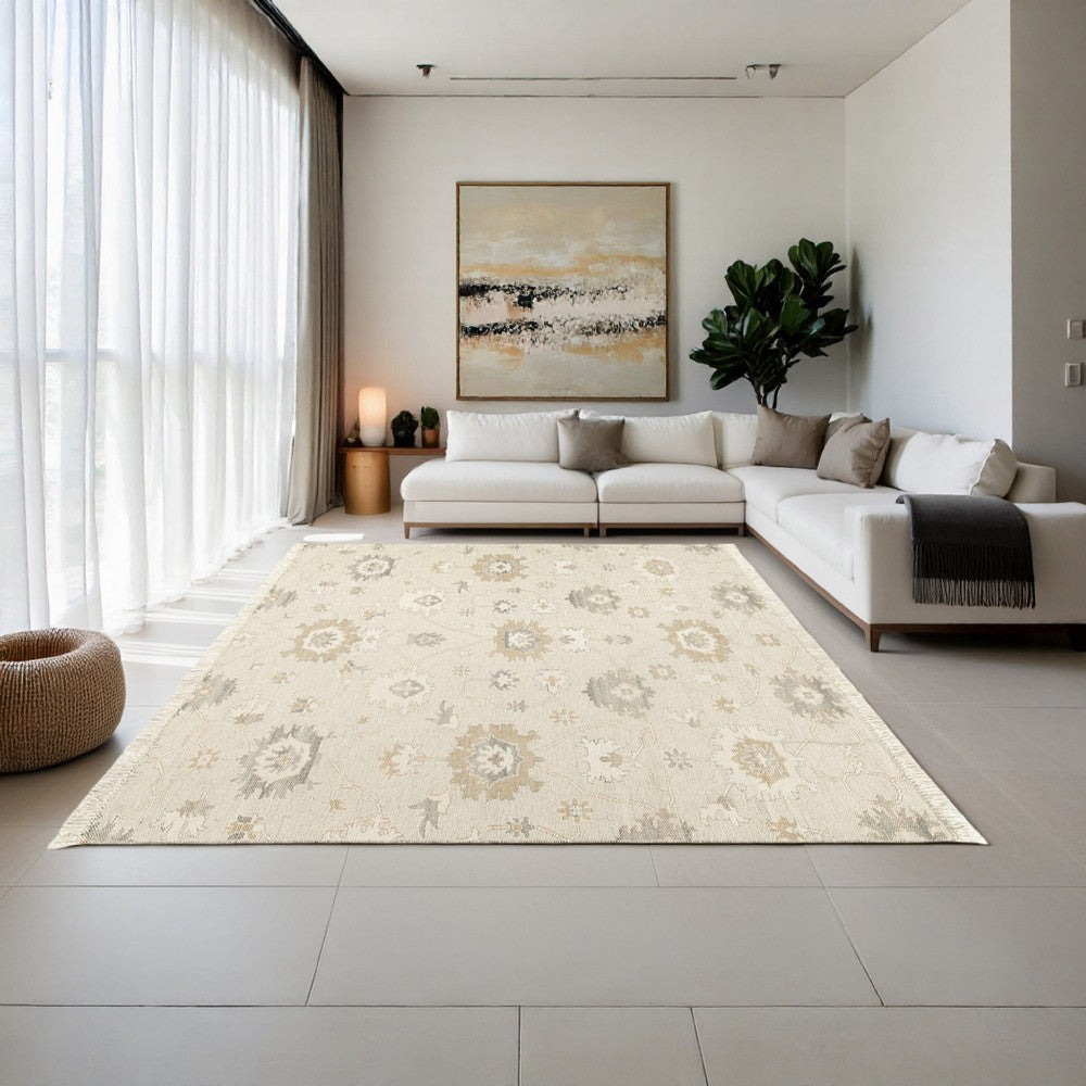 Kia 8 x 10 Large Area Rug, Handwoven Floral Patterns, Beige Brown Wool - BM318248