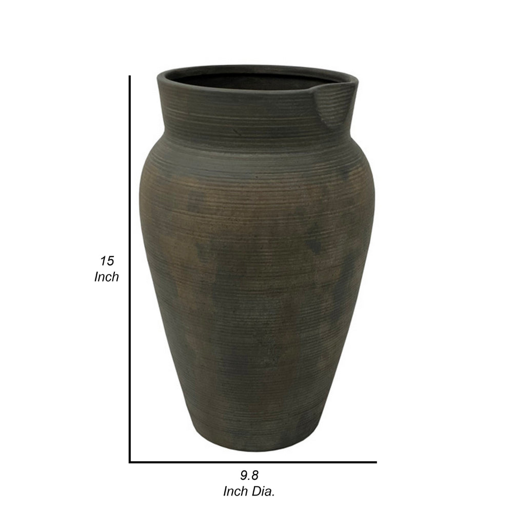 Leyn 15 Inch Antique Flower Vase, Urn Shaped Home Decor Piece, Gray Ceramic - BM318257