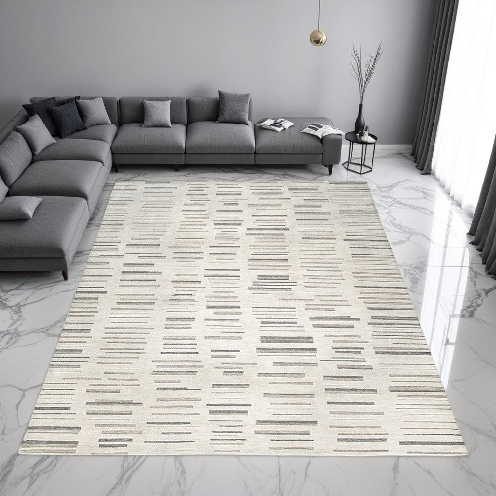 Meaw 8 x 10 Large Area Rug, Abstract Stripe Design, Ivory Gray Polyester - BM318292