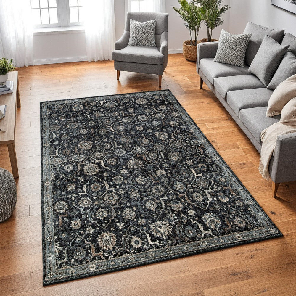 Hiy 5 x 7 Medium Area Rug, Persian Inspired Floral Motif, Blue, Cream - BM318293