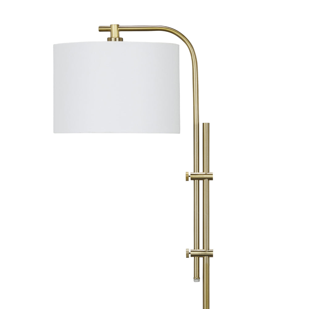 Rhys 60 Inch Floor Lamp, Adjustable Arm, White Drum Shade Round Brass Metal - BM318306