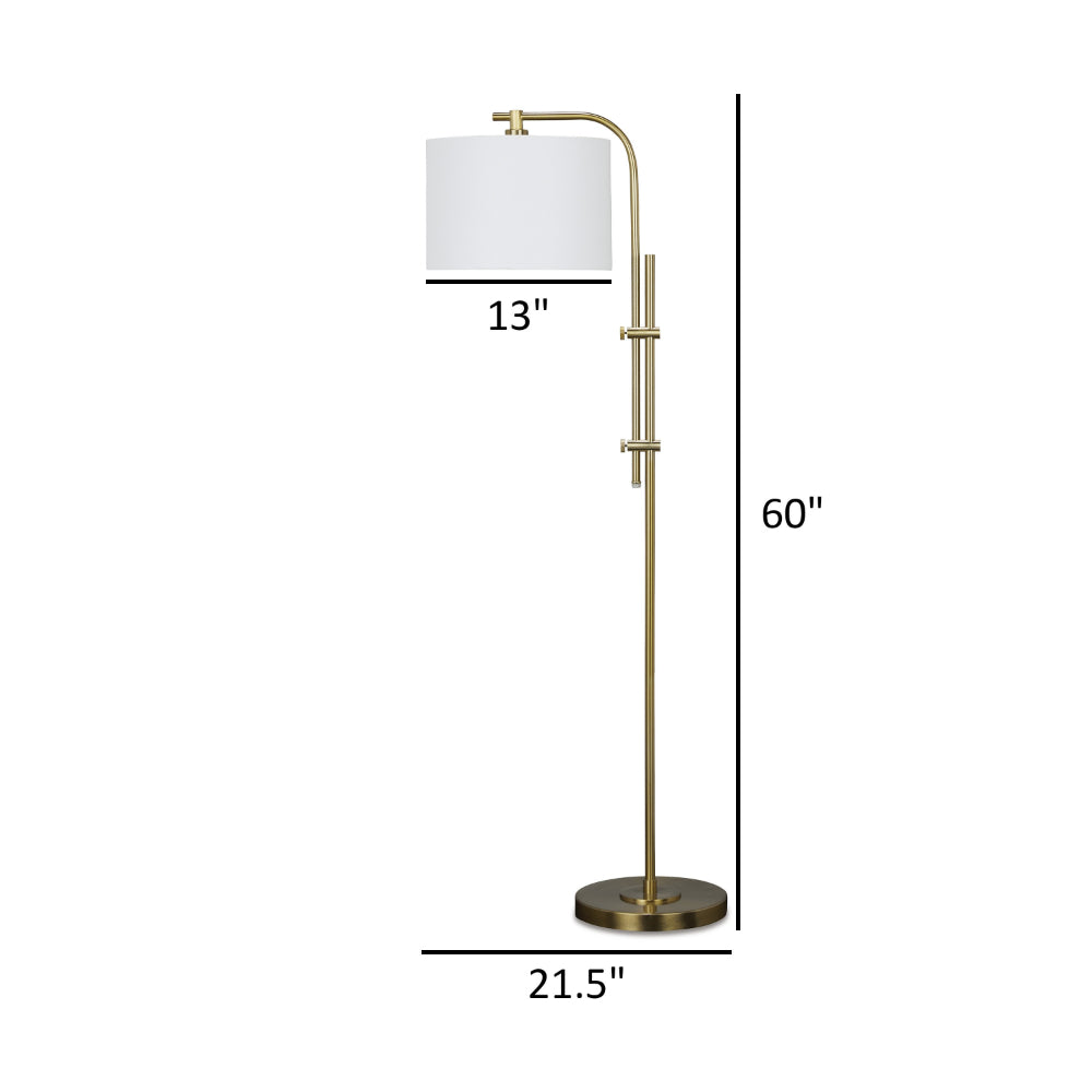 Rhys 60 Inch Floor Lamp, Adjustable Arm, White Drum Shade Round Brass Metal - BM318306