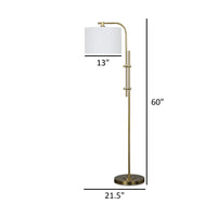 Rhys 60 Inch Floor Lamp, Adjustable Arm, White Drum Shade Round Brass Metal - BM318306