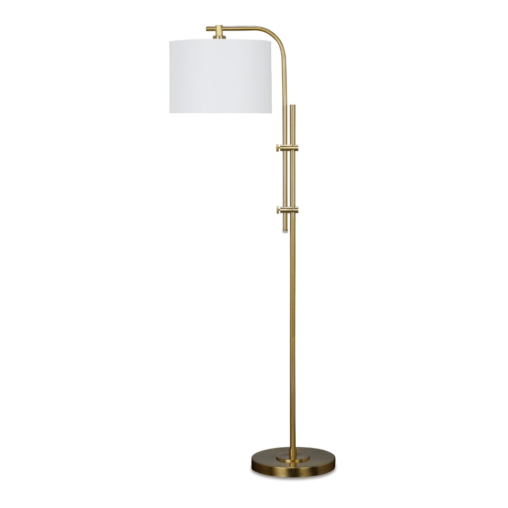 Rhys 60 Inch Floor Lamp, Adjustable Arm, White Drum Shade Round Brass Metal - BM318306