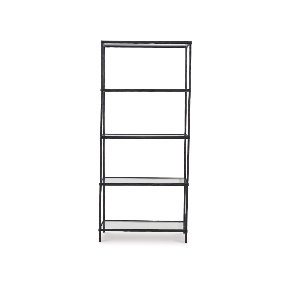 Dalie 73 Inch Bookcase, 5 Tier Open Clear Glass Shelves, Black Aluminum - BM318310