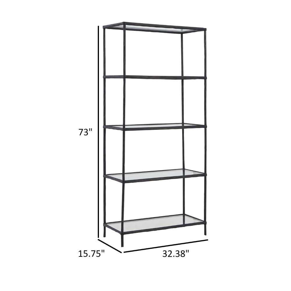 Dalie 73 Inch Bookcase, 5 Tier Open Clear Glass Shelves, Black Aluminum - BM318310