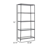 Dalie 73 Inch Bookcase, 5 Tier Open Clear Glass Shelves, Black Aluminum - BM318310