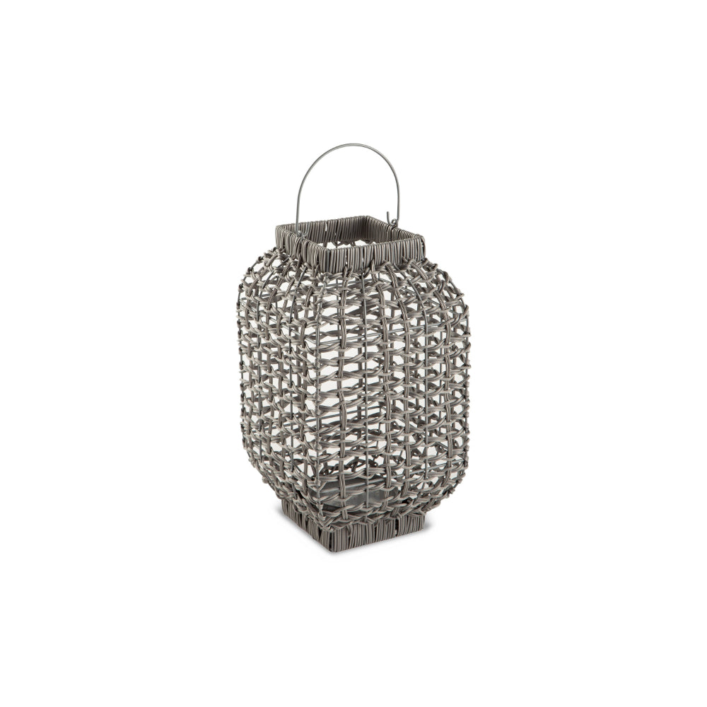 Neya Lantern, Indoor Outdoor Candle Holder, Bohemian Gray Faux Rattan Woven - BM318318