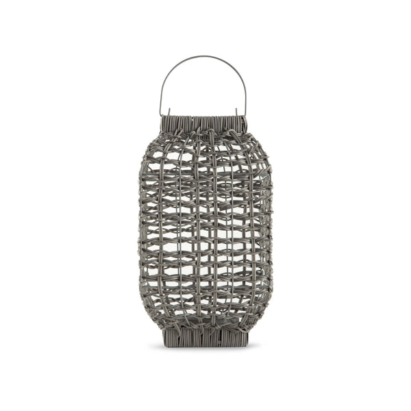 Neya Lantern, Indoor Outdoor Candle Holder, Bohemian Gray Faux Rattan Woven - BM318318