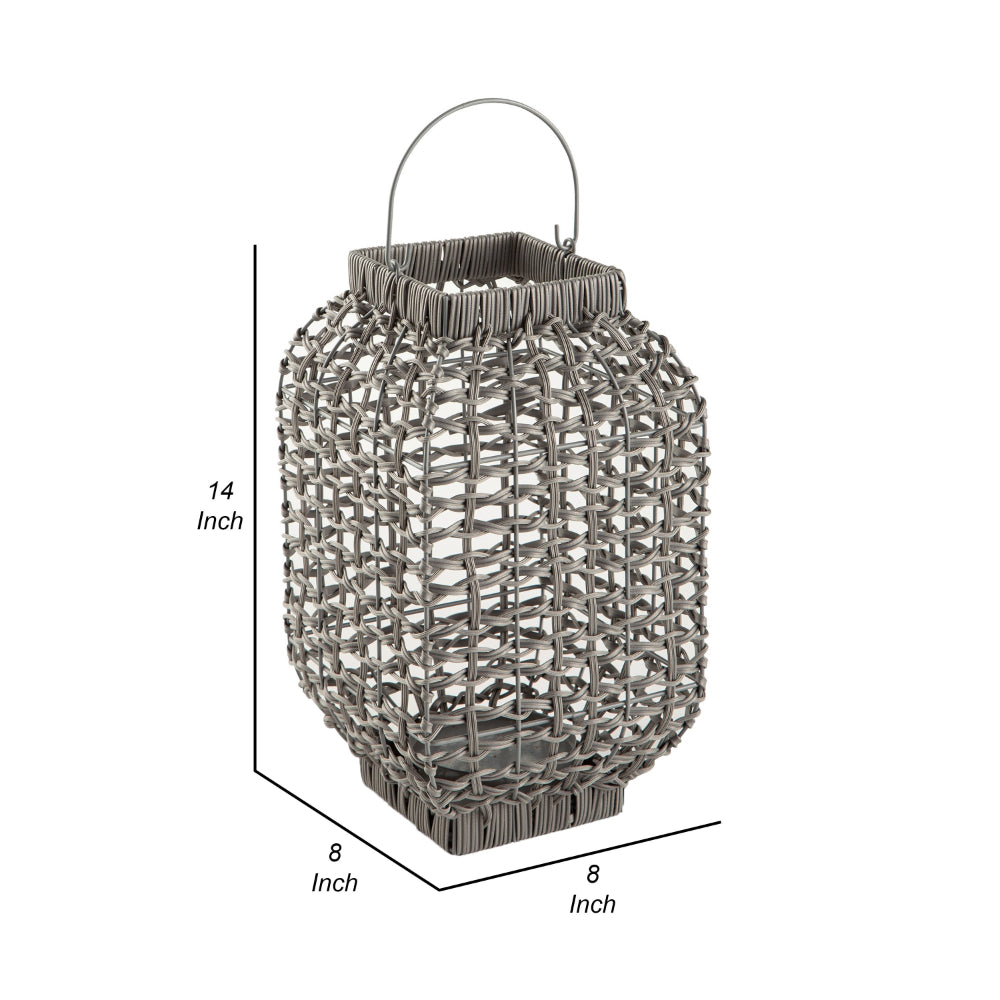 Neya Lantern, Indoor Outdoor Candle Holder, Bohemian Gray Faux Rattan Woven - BM318318