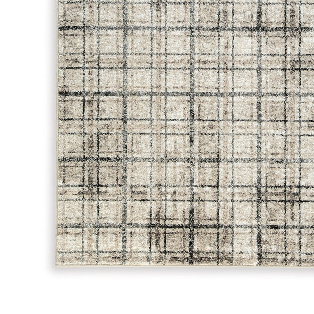 Jess 5 x 7 Area Rug, Soft Pile, Cream, Brown Plaid Stripes, Latex Back - BM318323