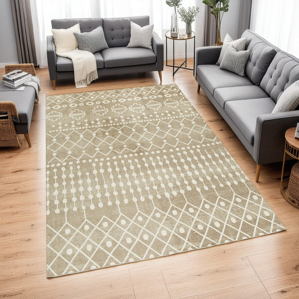 Bunny 8 x 10 Area Rug, Brown Tribal Print, Low Pile Polyester for Busy Area - BM318330
