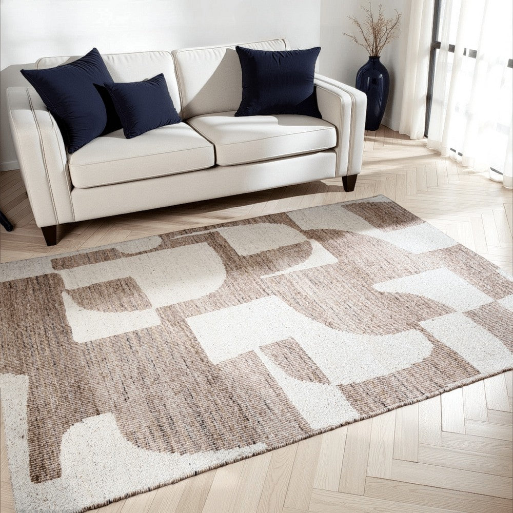 Jimmy 5 x 7 Area Rug, Abstract Pattern Polyester, Cotton Back, Beige Brown - BM318339