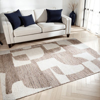 Jimmy 5 x 7 Area Rug, Abstract Pattern Polyester, Cotton Back, Beige Brown - BM318339
