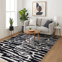 Shawn 5 x 7 Area Rug, Black White Abstract Pattern Polyester, Cotton Back - BM318346