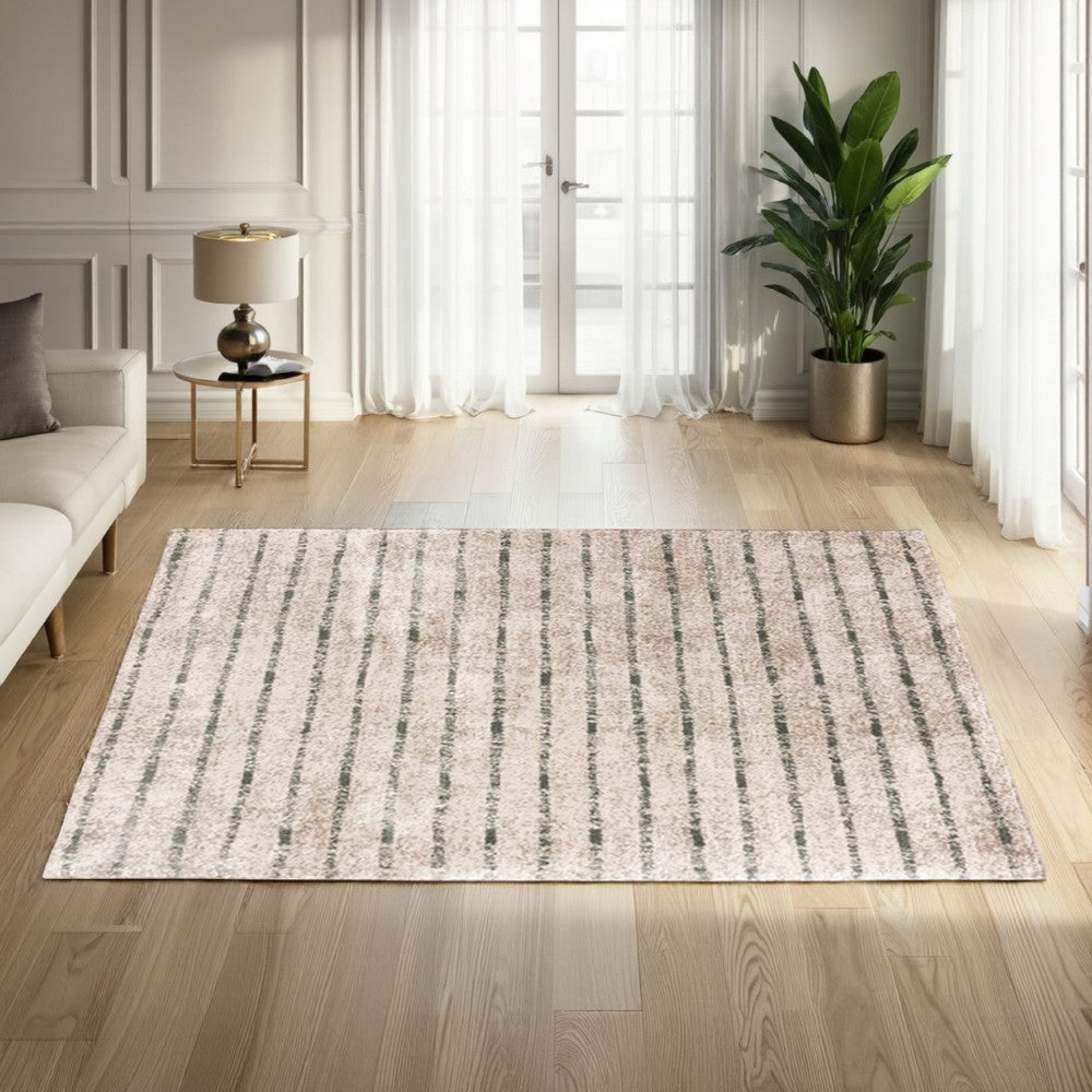 Bony 5 x 7 Area Rug, Striped Design Cream and Sage, Soft Pile, Jute Back - BM318358