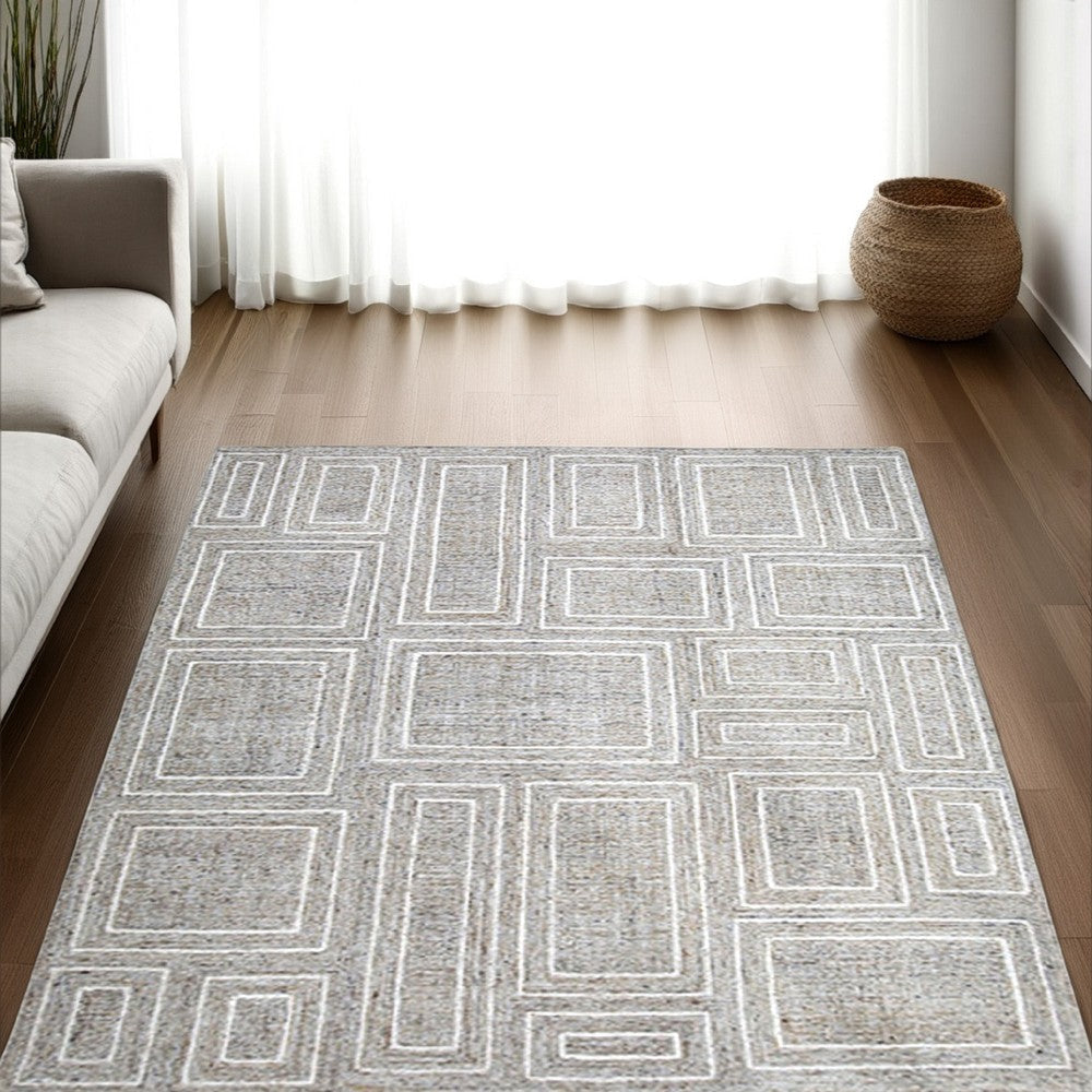Bora 8 x 10 Area Rug, Geometric Pattern, Polyester Gray White Wool, Cotton - BM318360